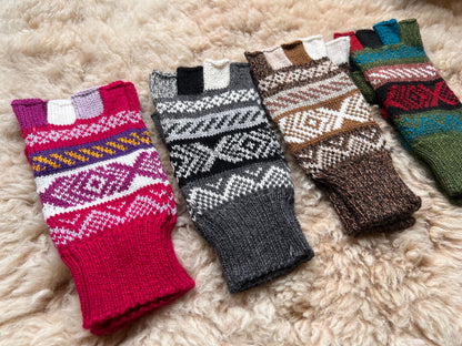 Magenta & Charcoal Andean Fair Isle Half-Finger Alpaca Gloves, photo 6