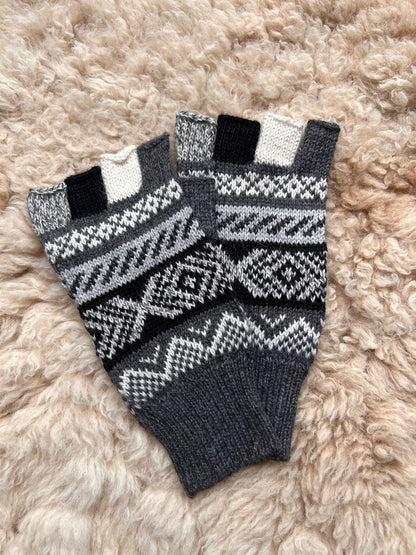 Magenta & Charcoal Andean Fair Isle Half-Finger Alpaca Gloves, photo 3