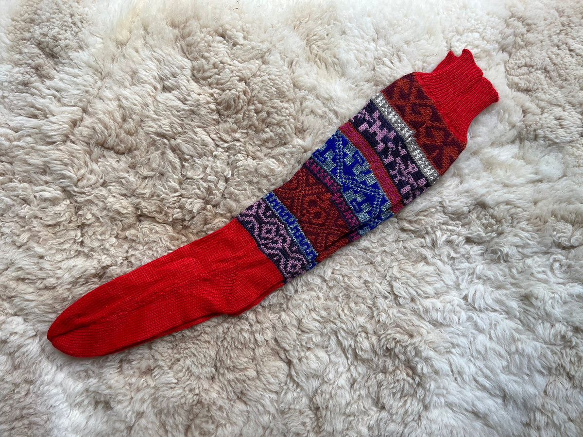 Red Fair Isle Knee-High Alpaca Wellie Socks