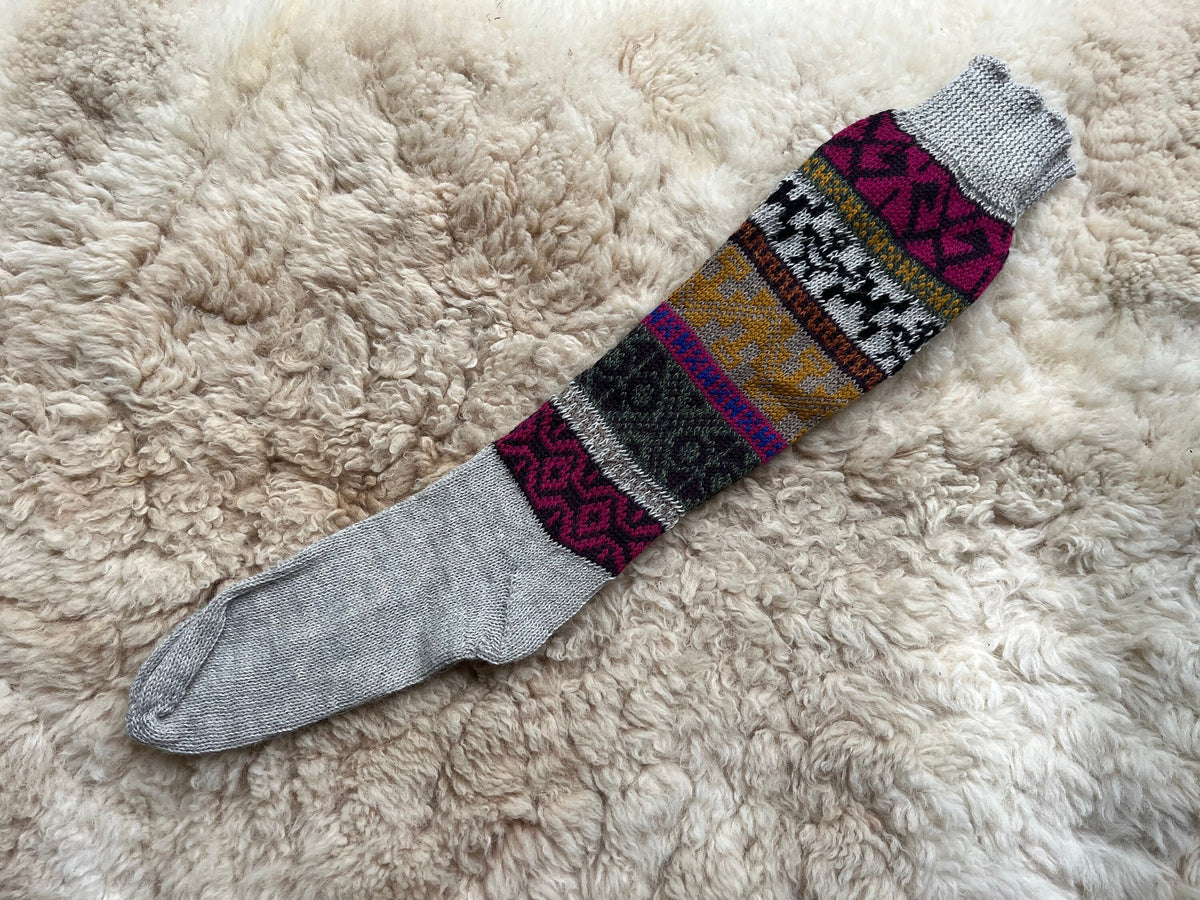Grey & Pink Fair Isle Knee-High Alpaca Wellie Socks
