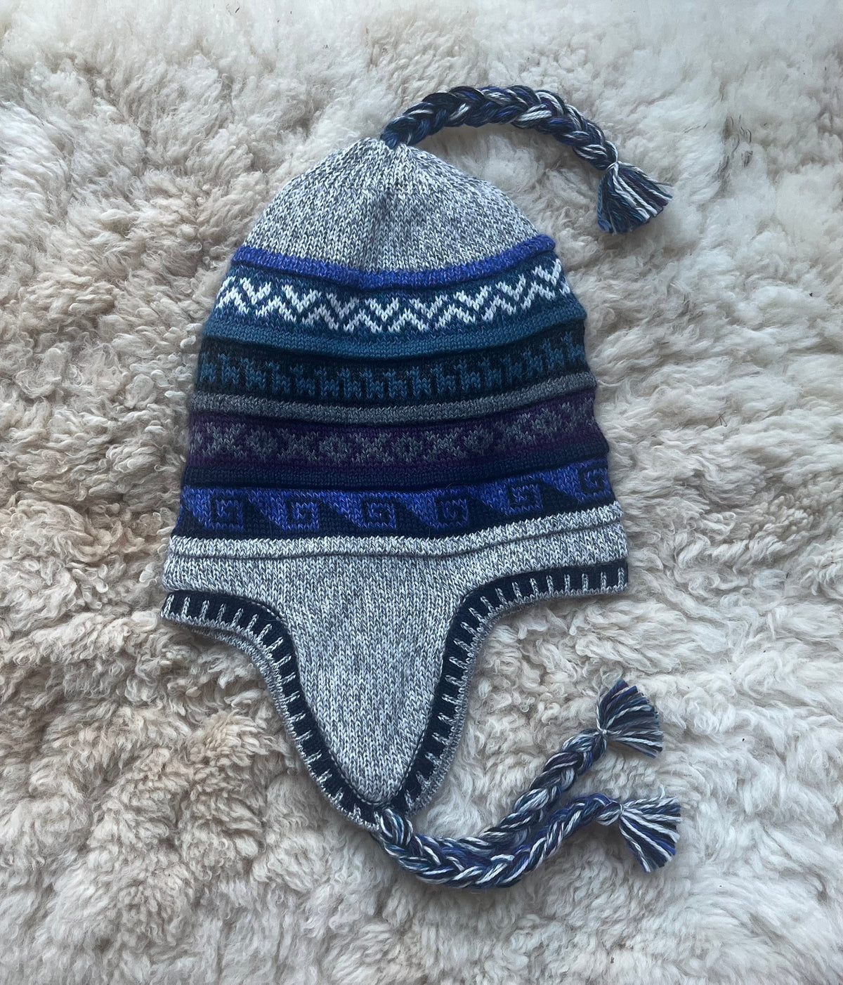 Reversible Alpaca Chullo Hat - Blue & Grey Tones, photo 6