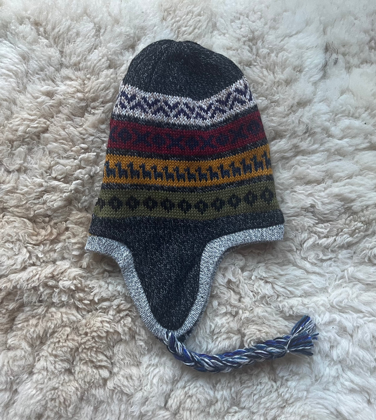 Reversible Alpaca Chullo Hat - Blue & Grey Tones, photo 7