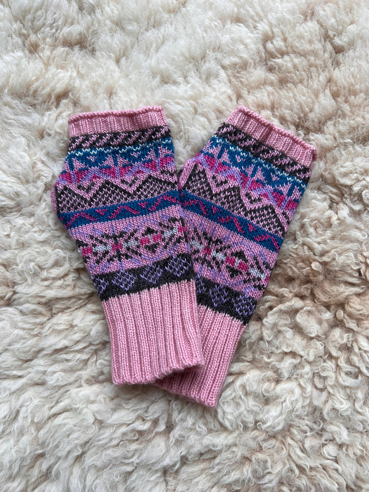 Pink & Teal Fair Isle Alpaca Fingerless Gloves