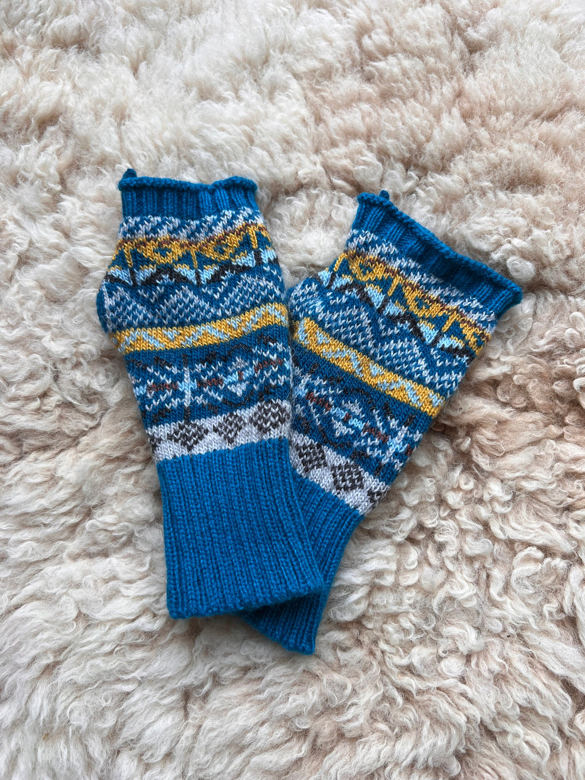 Teal Blue Fair Isle Alpaca Fingerless Gloves