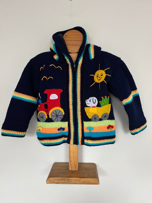 Navy Engine & Puppy Appliqué Fleece-Lined Kids Cardigan