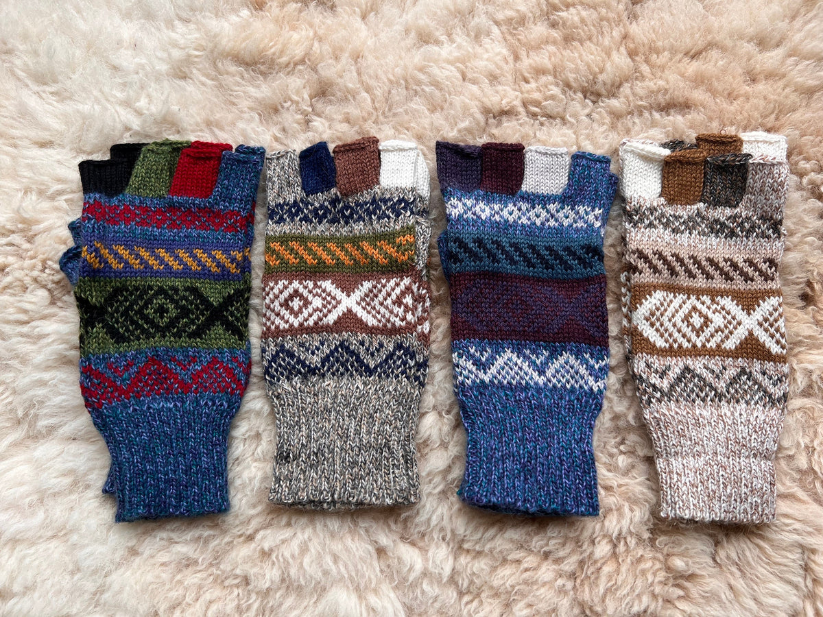 Blue & Oatmeal Andean Fair Isle Half-Finger Alpaca Gloves