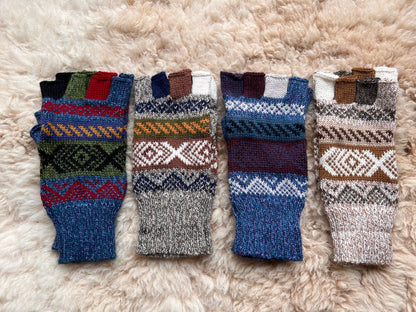 Blue & Oatmeal Andean Fair Isle Half-Finger Alpaca Gloves