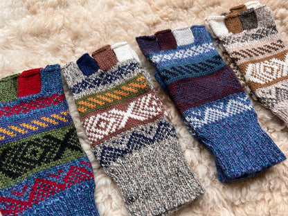 Blue & Oatmeal Andean Fair Isle Half-Finger Alpaca Gloves, photo 7