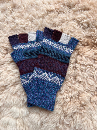 Blue & Oatmeal Andean Fair Isle Half-Finger Alpaca Gloves, photo 5