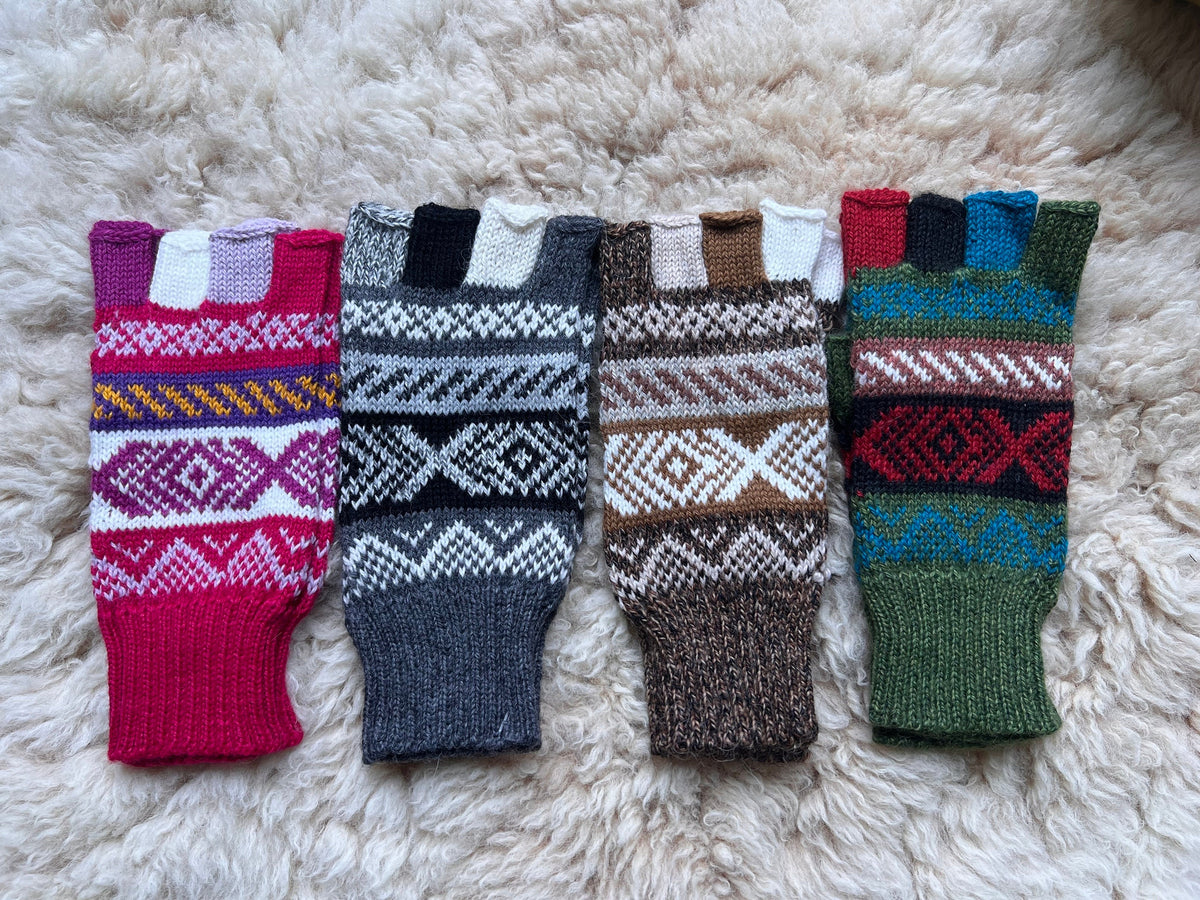 Magenta & Charcoal Andean Fair Isle Half-Finger Alpaca Gloves