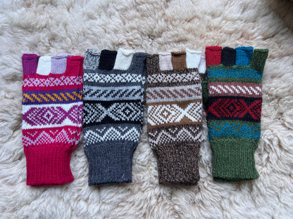 Magenta & Charcoal Andean Fair Isle Half-Finger Alpaca Gloves