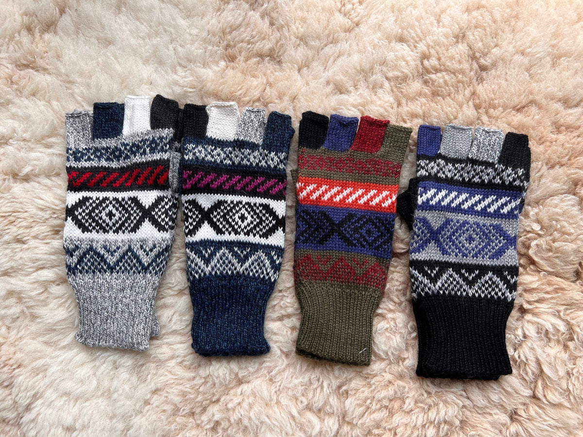 Navy & Plum Andean Fair Isle Half-Finger Alpaca Gloves