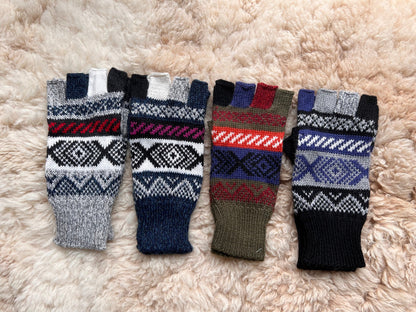 Navy & Plum Andean Fair Isle Half-Finger Alpaca Gloves