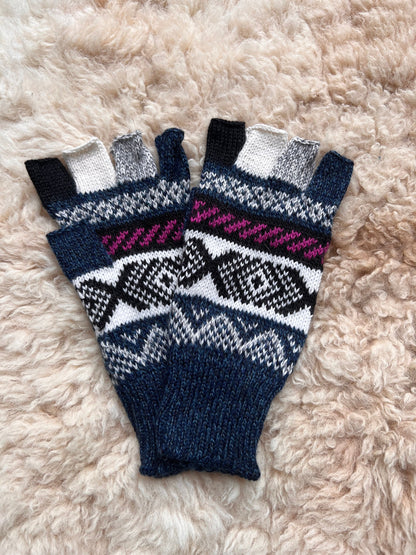 Navy & Plum Andean Fair Isle Half-Finger Alpaca Gloves, photo 3