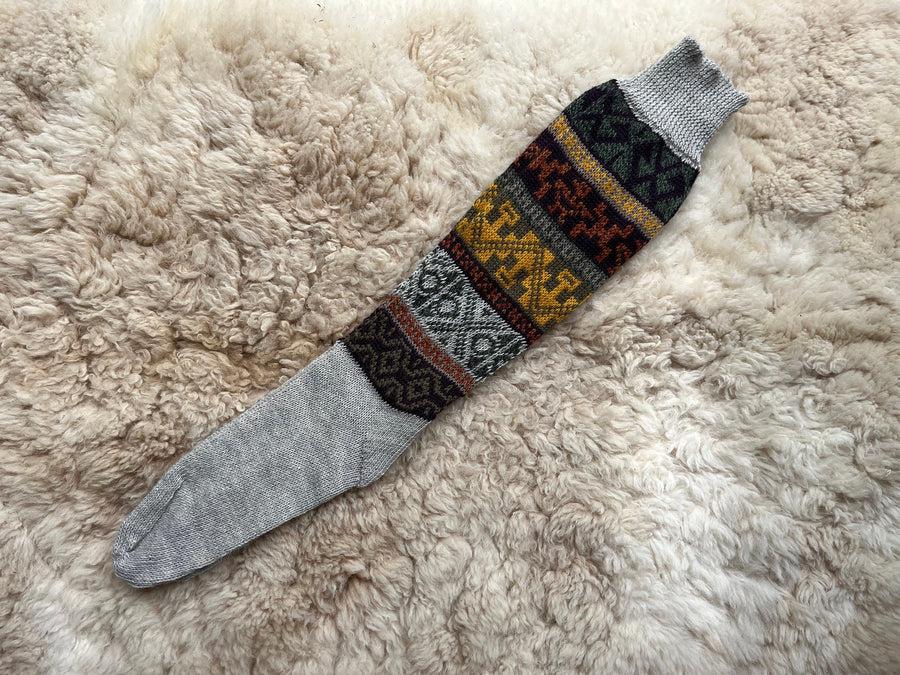 Grey & Green Fair Isle Knee-High Alpaca Wellie Socks