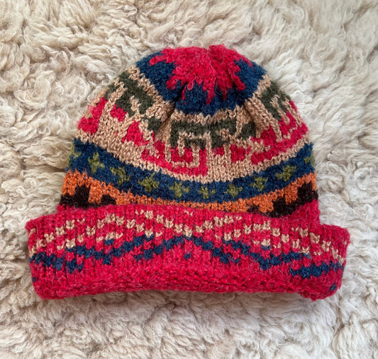 Raspberry Red Fair Isle Alpaca Slouch Beanie