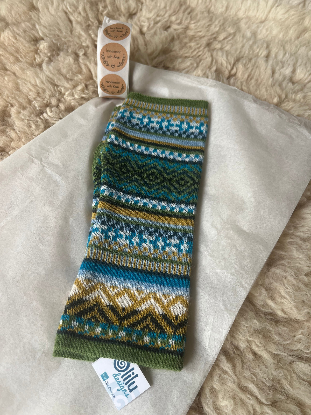 Olive Green & Teal Fair Isle Baby Alpaca Fingerless Gloves, photo 8