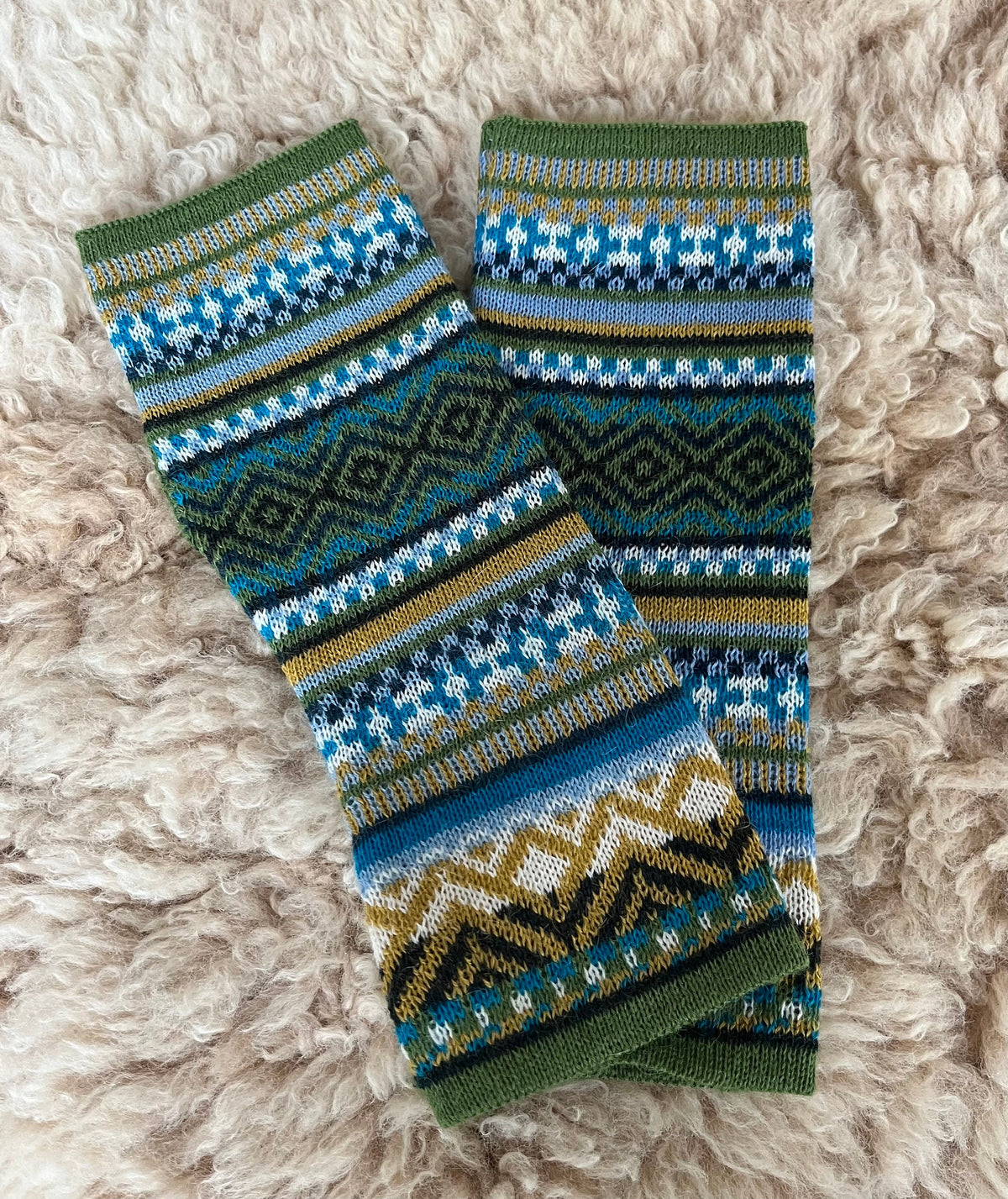 Olive Green & Teal Fair Isle Baby Alpaca Fingerless Gloves, photo 6