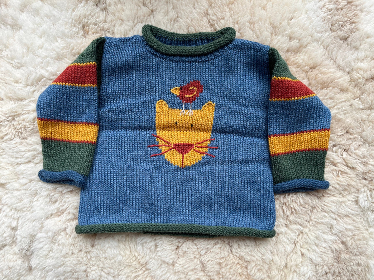 Denim Blue Cat & Bird Hand-Embroidered Alpaca Kids Jumper