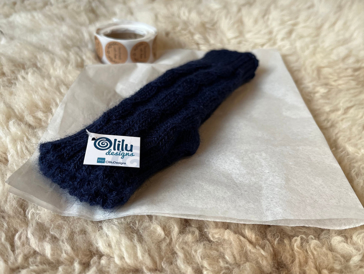 Navy Blue Cable Knit Alpaca Fingerless Gloves