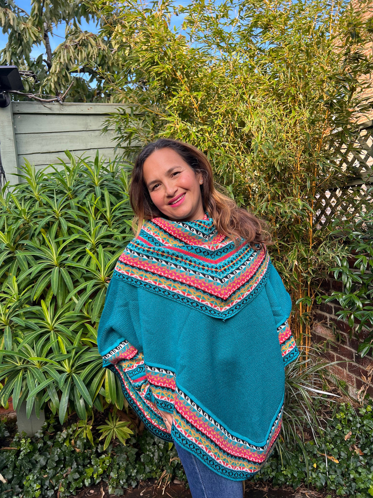 Turquoise Fair Isle Alpaca Poncho with Sleeves, photo 3