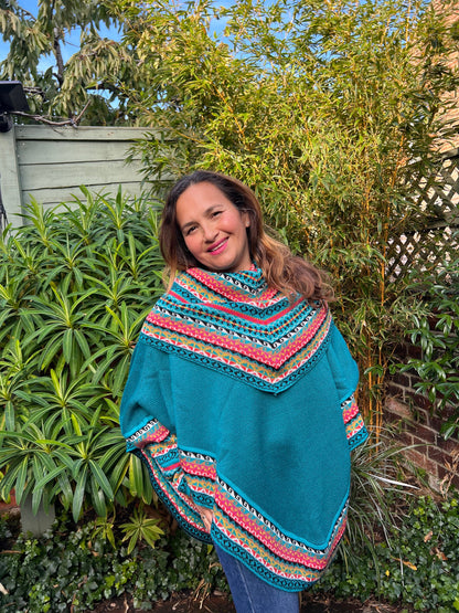 Turquoise Fair Isle Alpaca Poncho with Sleeves, photo 3