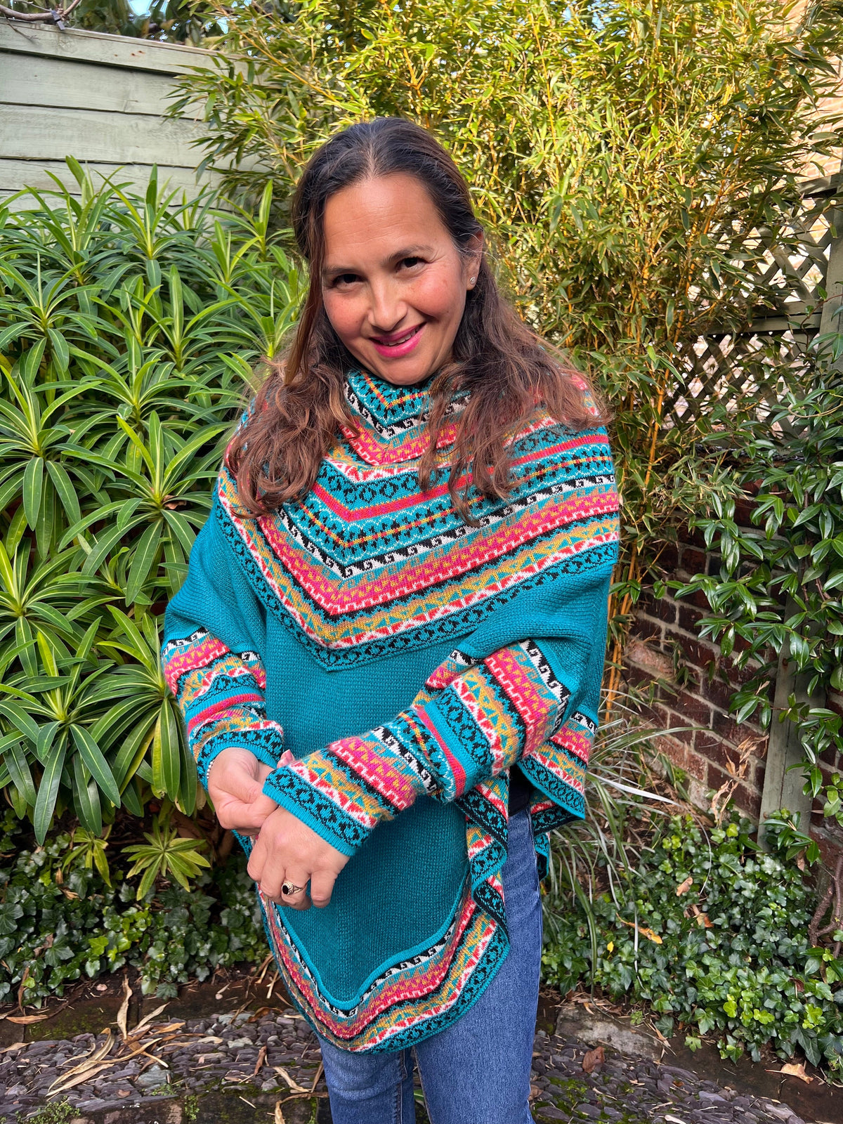 Turquoise Fair Isle Alpaca Poncho with Sleeves, photo 2