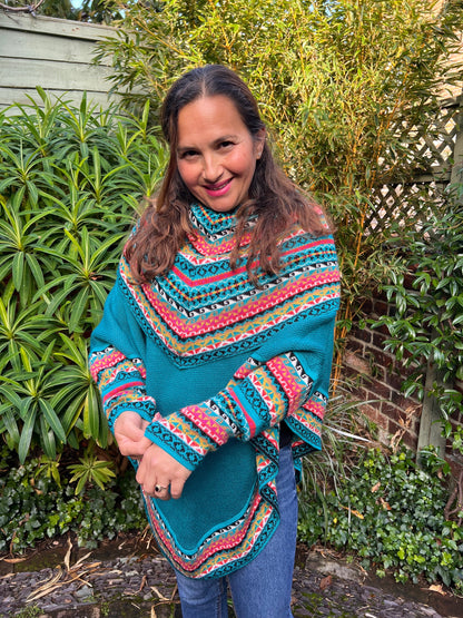Turquoise Fair Isle Alpaca Poncho with Sleeves, photo 2