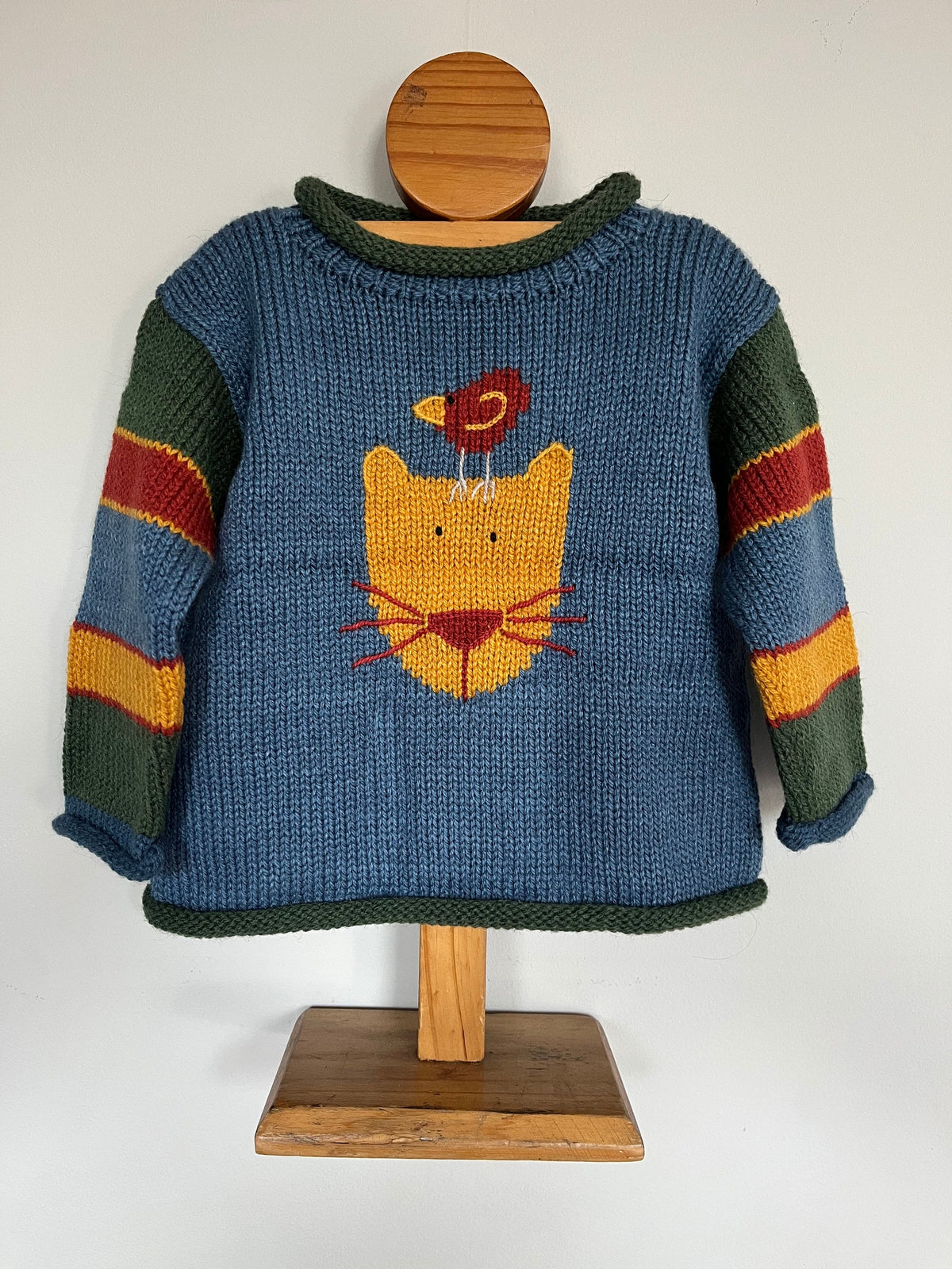 Denim Blue Cat & Bird Hand-Embroidered Alpaca Kids Jumper, photo 5