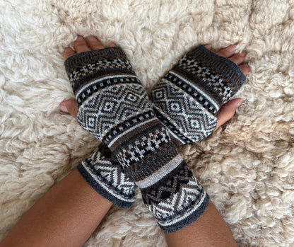 Charcoal & Cream Fair Isle Baby Alpaca Fingerless Gloves, photo 5