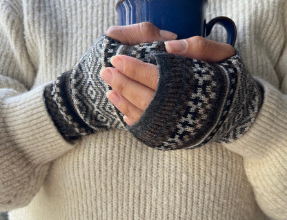 Charcoal & Cream Fair Isle Baby Alpaca Fingerless Gloves, photo 2