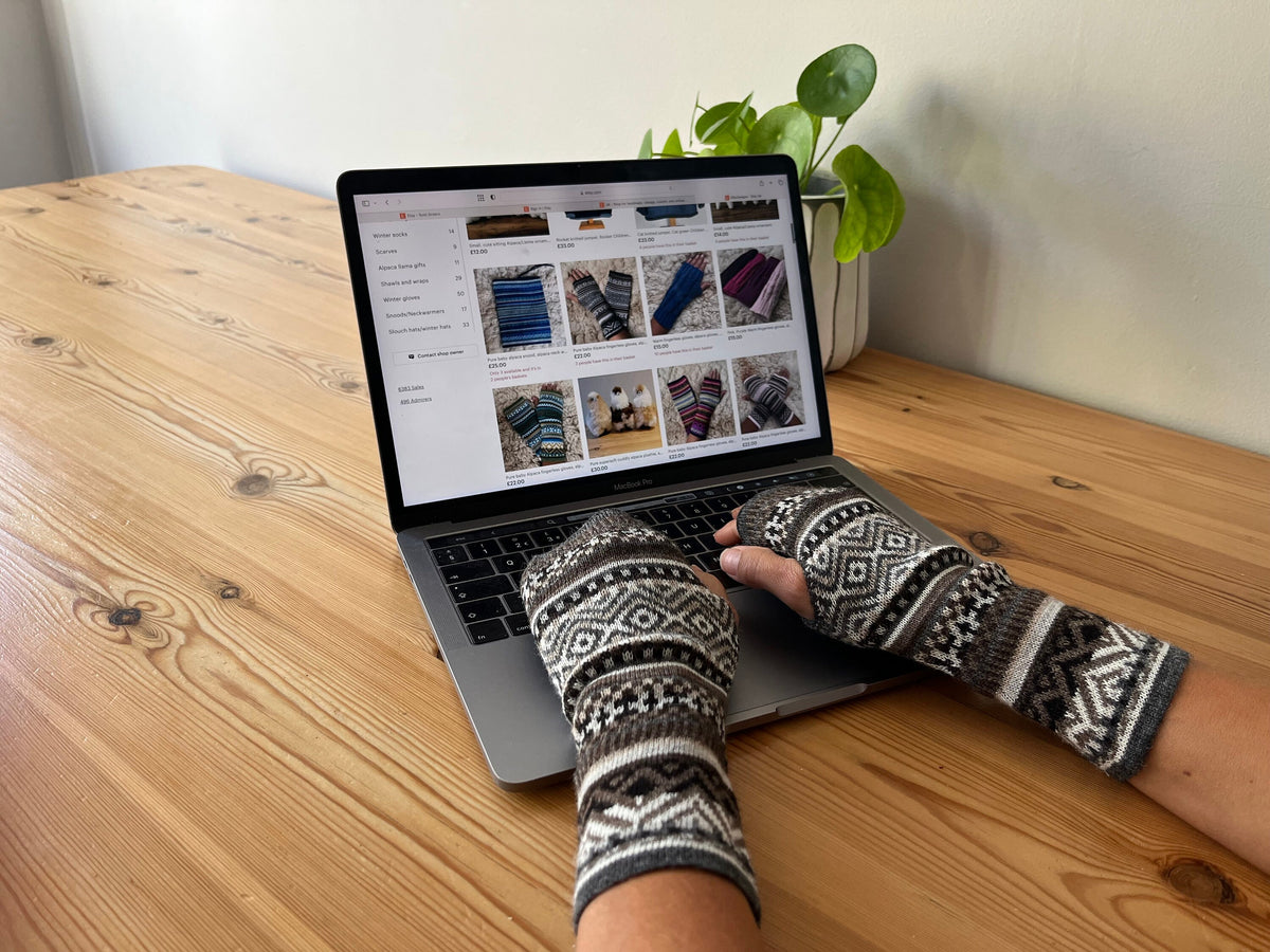 Charcoal & Cream Fair Isle Baby Alpaca Fingerless Gloves, photo 6