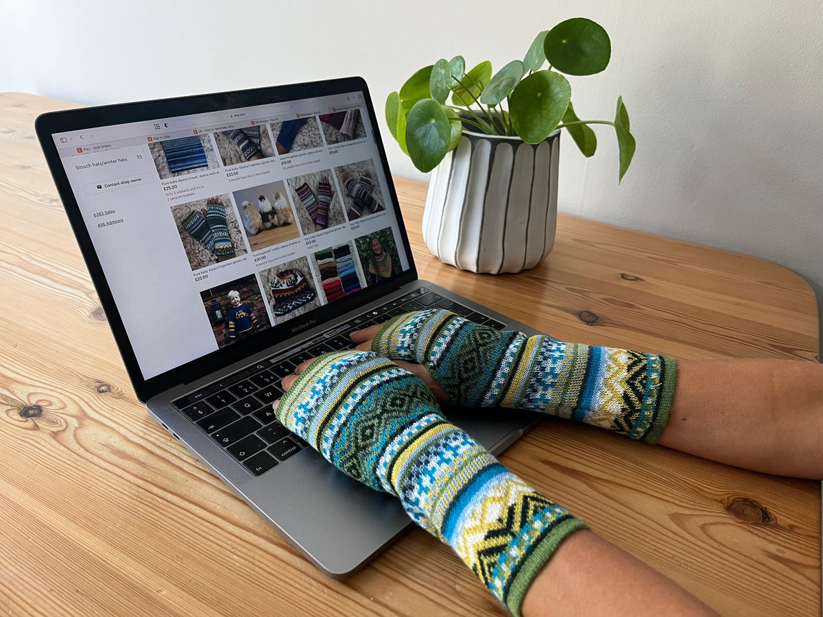 Olive Green & Teal Fair Isle Baby Alpaca Fingerless Gloves, photo 5