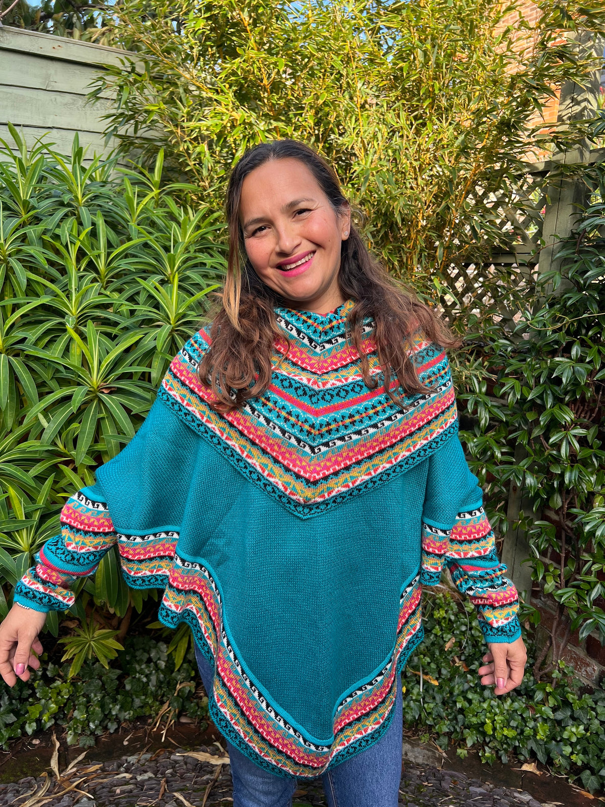 Turquoise Fair Isle Alpaca Poncho with Sleeves