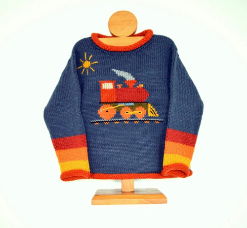 Denim Blue & Orange Train Hand-Embroidered Alpaca Kids Jumper