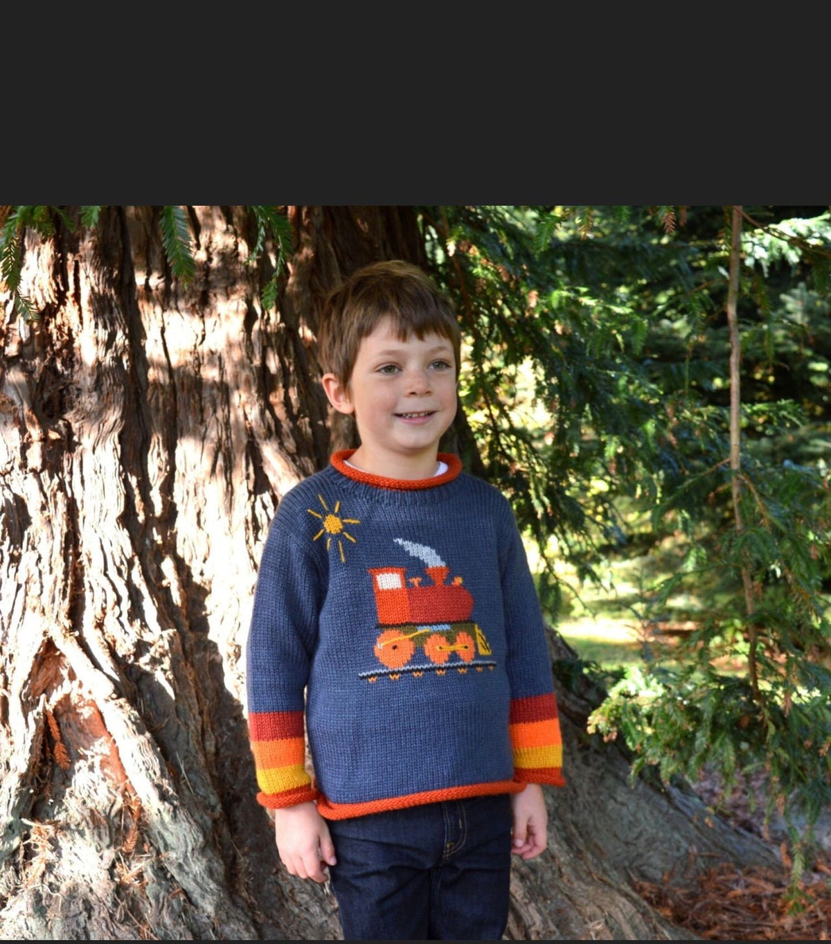 Denim Blue & Orange Train Hand-Embroidered Alpaca Kids Jumper, photo 3