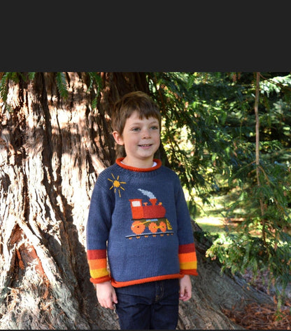Denim Blue & Orange Train Hand-Embroidered Alpaca Kids Jumper, photo 3