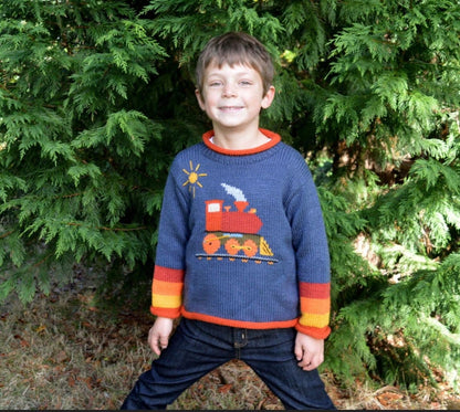 Denim Blue & Orange Train Hand-Embroidered Alpaca Kids Jumper, photo 2