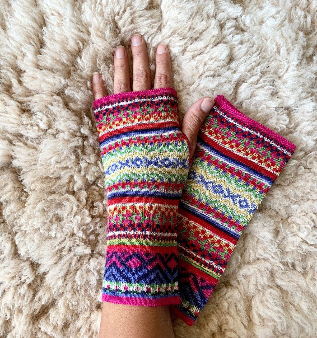 Pink Rainbow Fair Isle Baby Alpaca Fingerless Gloves, photo 7