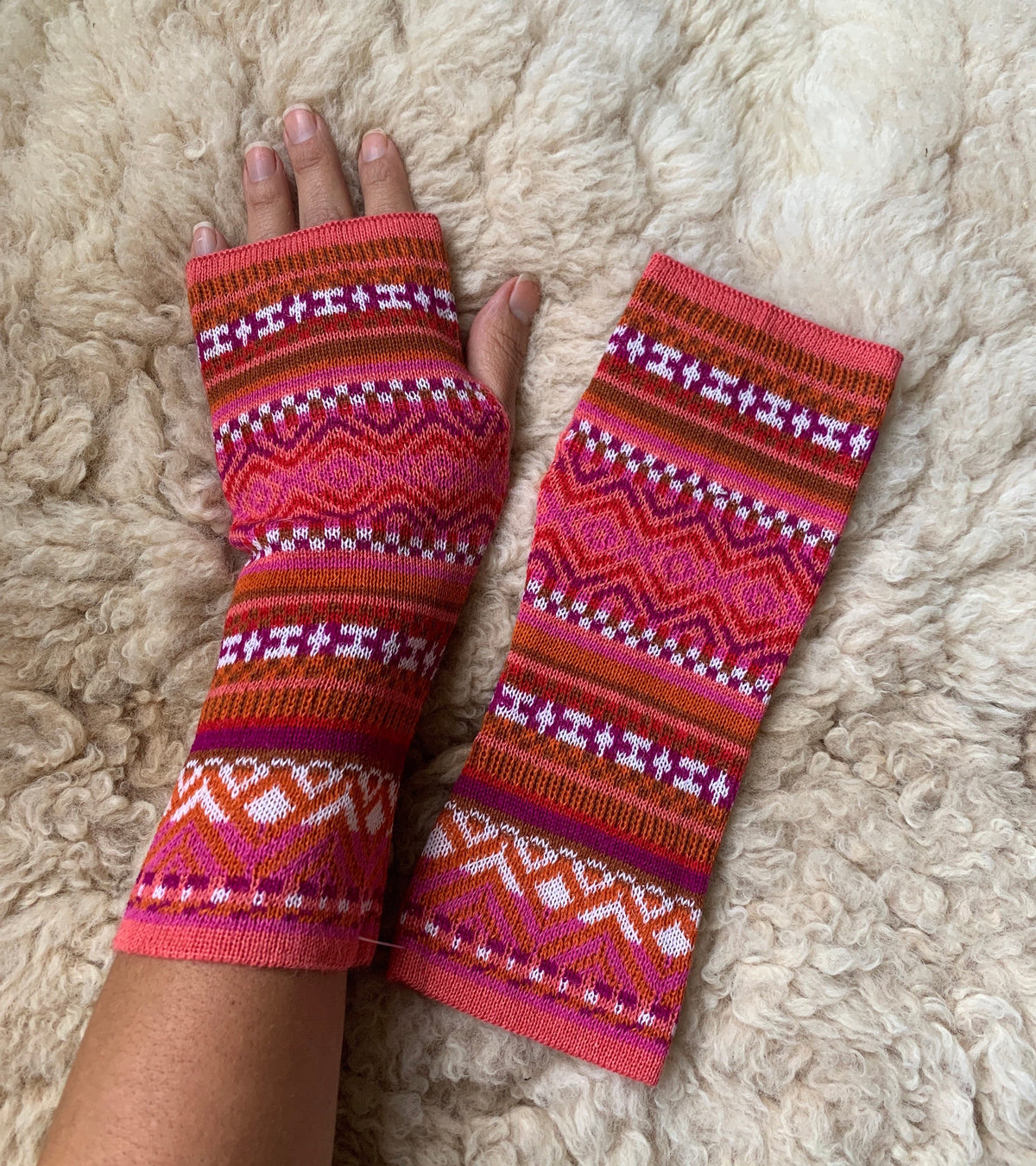 Pink & Orange Fair Isle Baby Alpaca Fingerless Gloves, photo 3