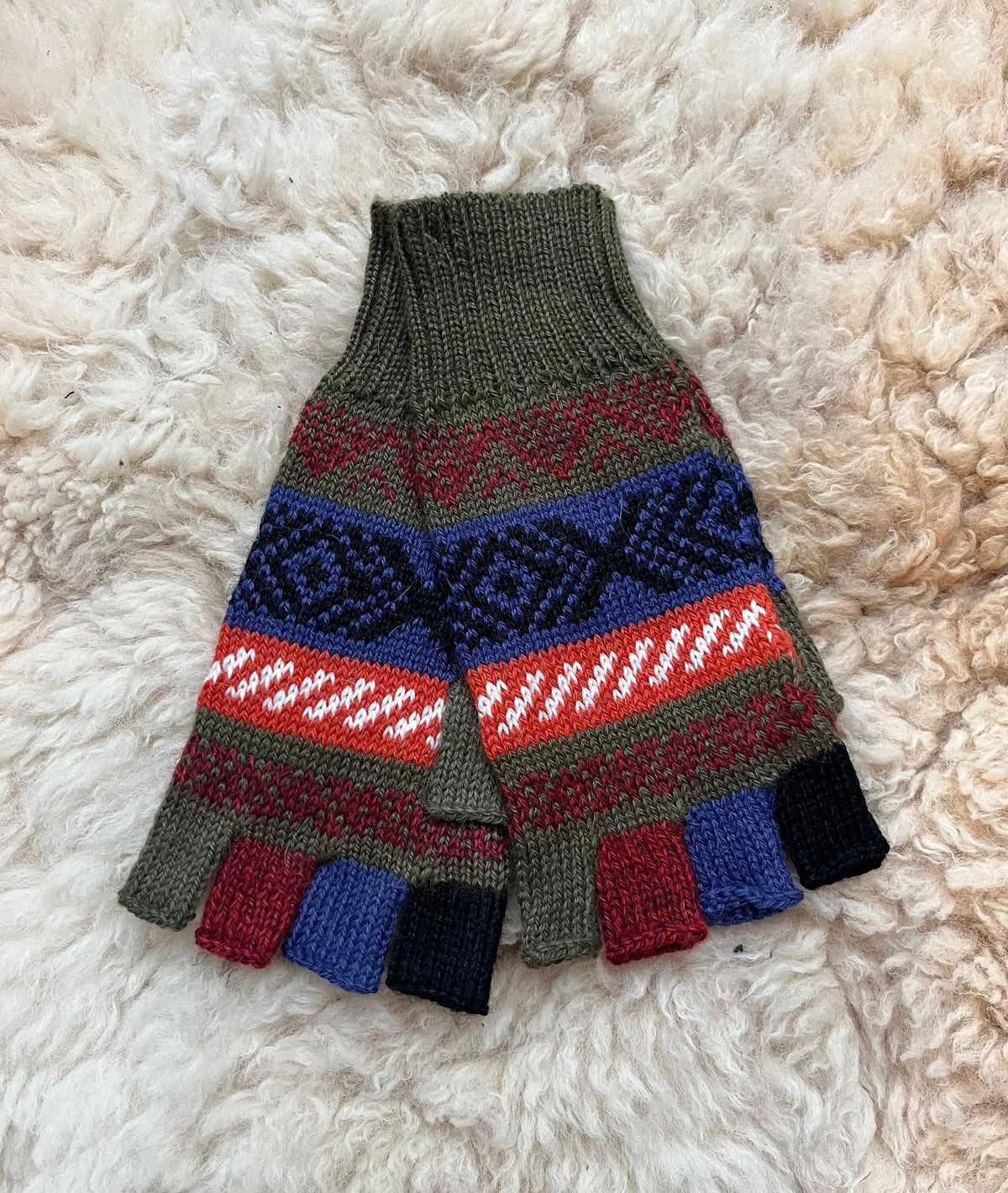 Olive Green Andean Fair Isle Half-Finger Alpaca Gloves