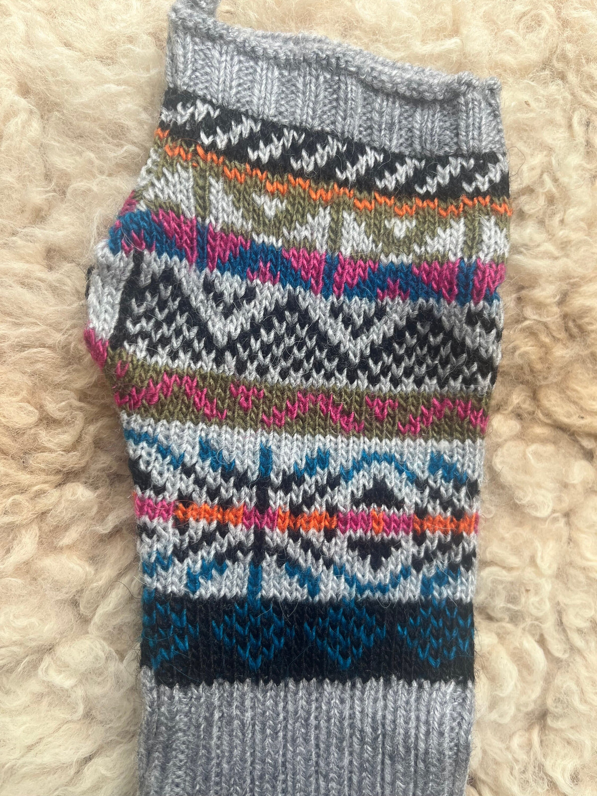 Grey Fair Isle Alpaca Fingerless Gloves, photo 7
