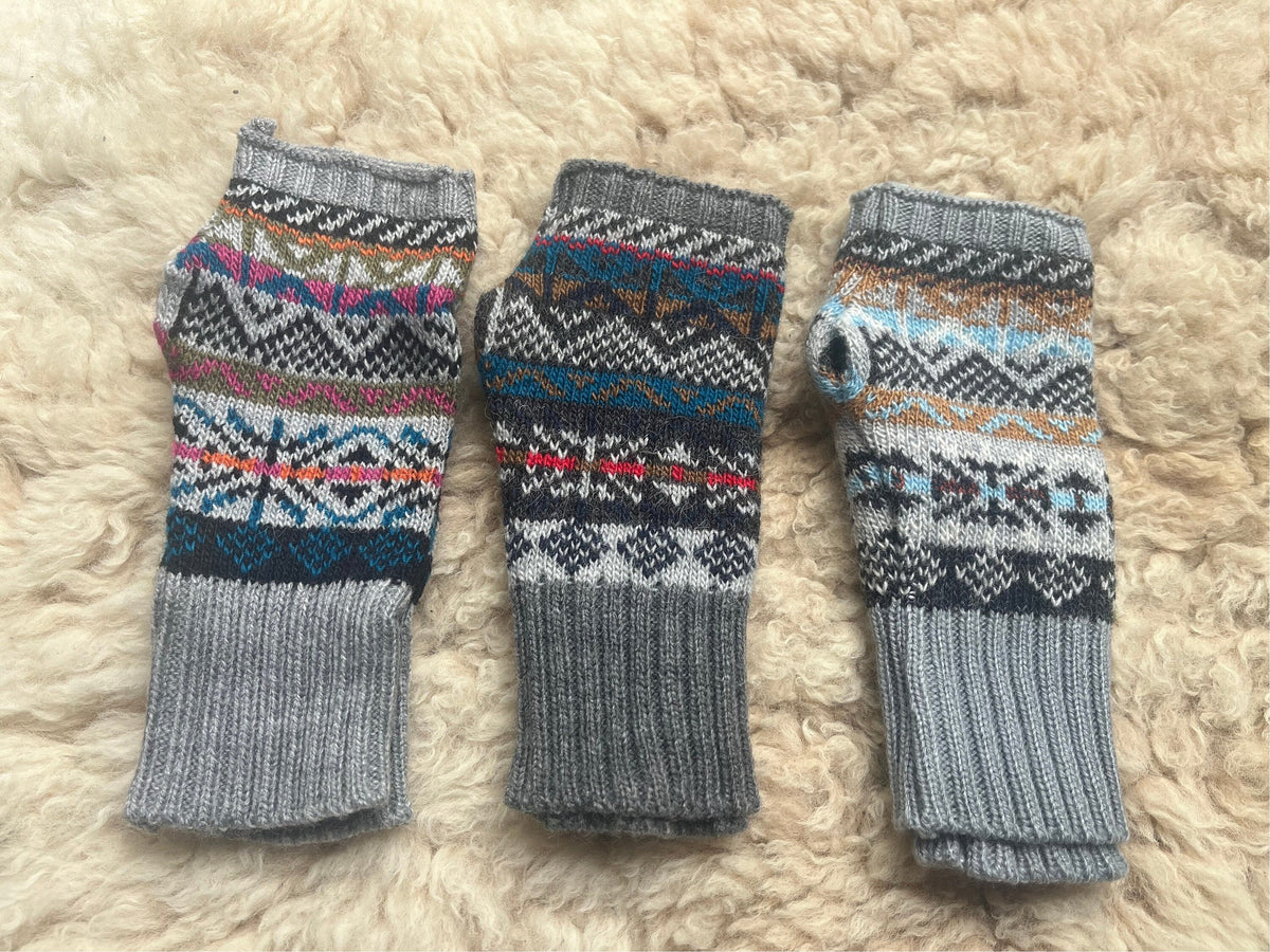 Grey Fair Isle Alpaca Fingerless Gloves, photo 3