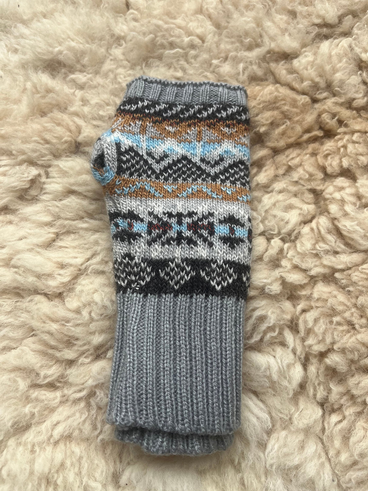 Grey Fair Isle Alpaca Fingerless Gloves, photo 6