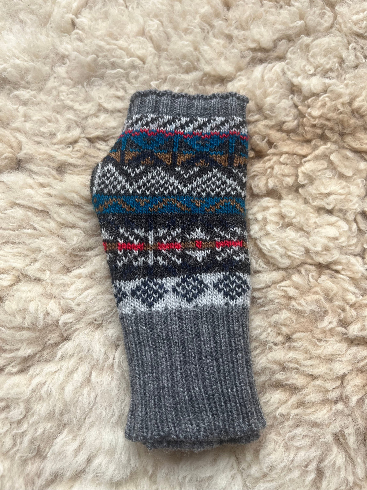 Grey Fair Isle Alpaca Fingerless Gloves, photo 5