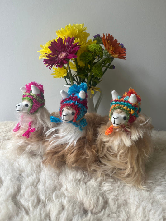 Suri Baby Alpaca Plushie with Hand-Knitted Bonnet