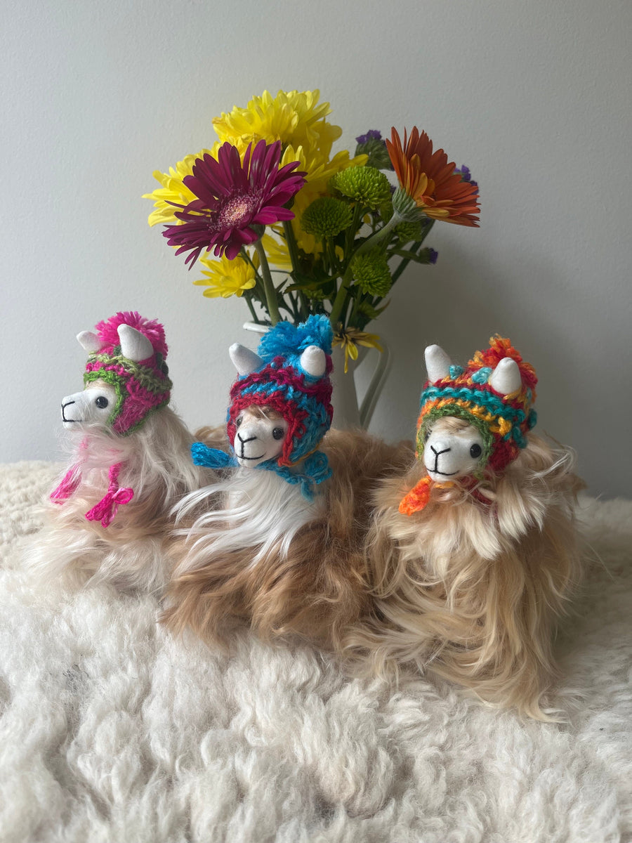 Suri Baby Alpaca Plushie with Hand-Knitted Bonnet