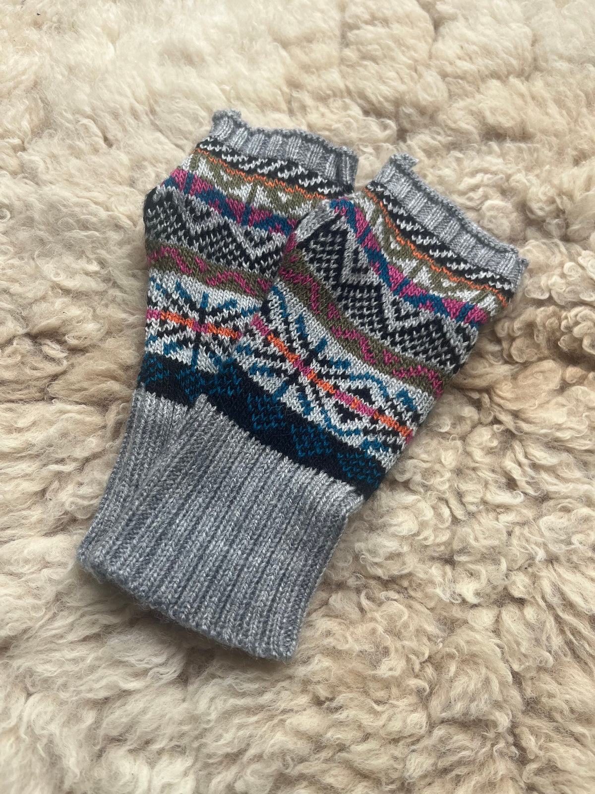 Grey Fair Isle Alpaca Fingerless Gloves