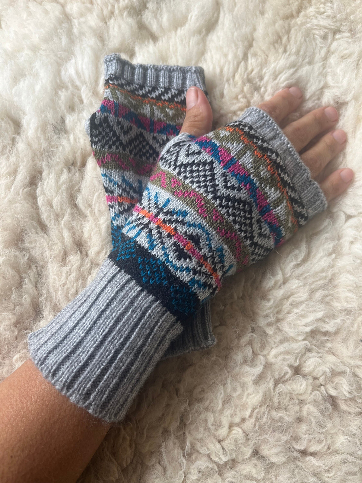 Grey Fair Isle Alpaca Fingerless Gloves, photo 8
