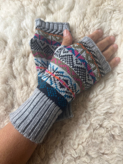 Grey Fair Isle Alpaca Fingerless Gloves, photo 8
